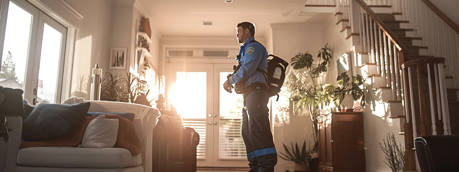a bright, modern home interior showcases a technician expertly using specialized equipment to clean air ducts, emphasizing the health benefits of a pristine indoor environment in a well-maintained space.