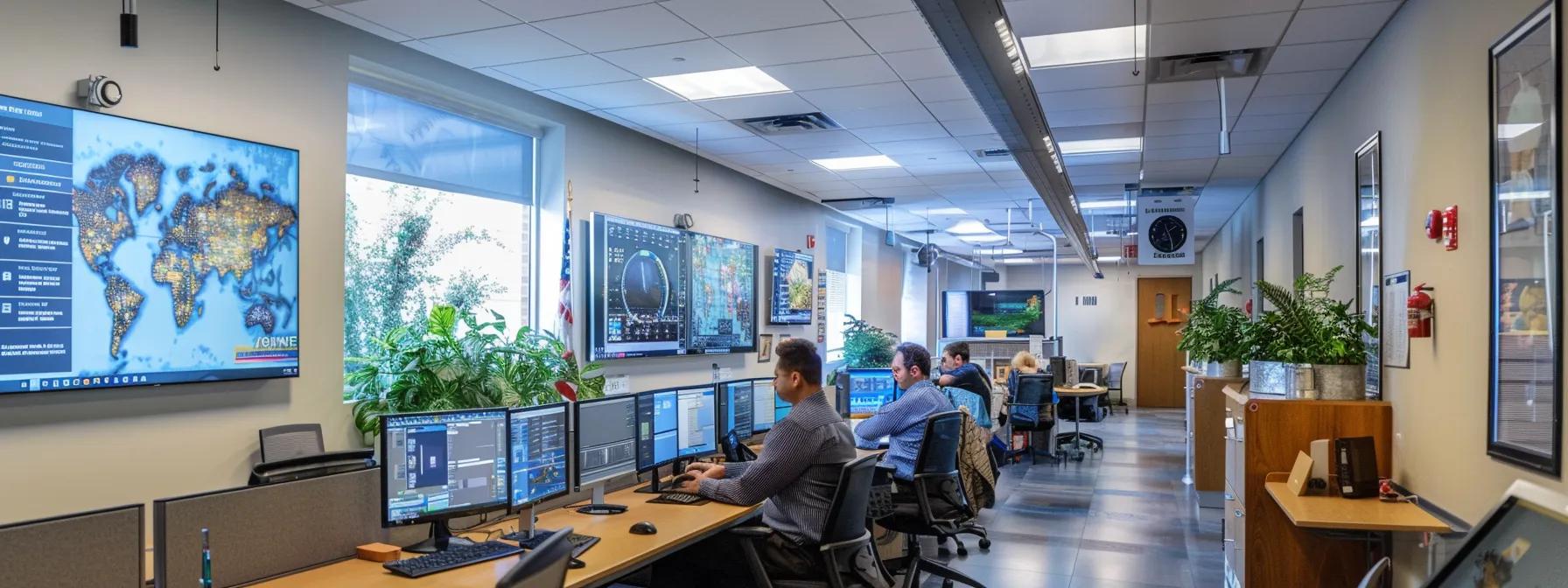a bustling savannah office space showcases hvac professionals analyzing air duct systems, equipped with high-tech tools, while a large infographic on the wall highlights local humidity and allergen factors influencing indoor air quality.