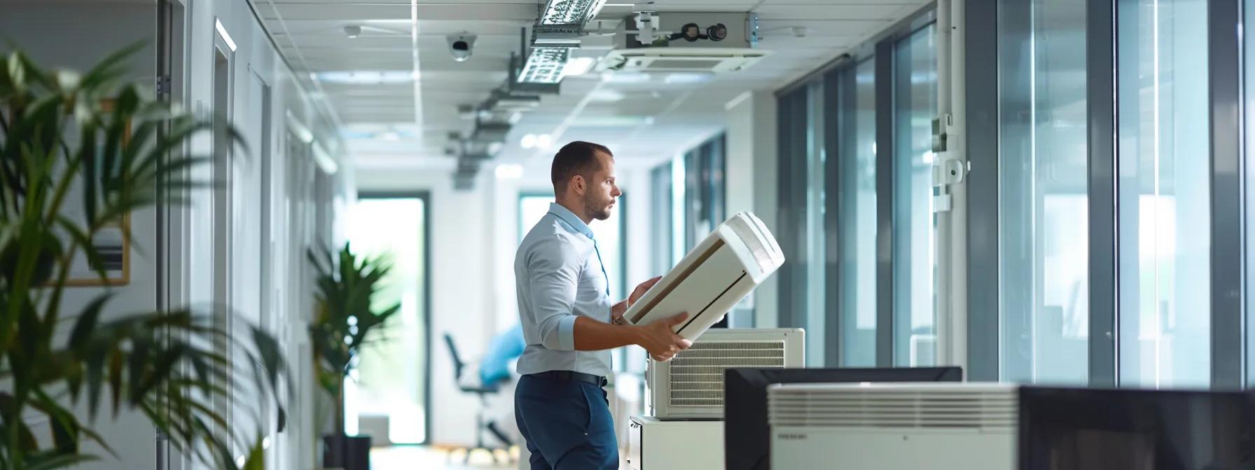 a clean and modern office interior showcases a friendly technician efficiently inspecting a sleek air conditioning unit, highlighting professionalism and a seamless repair experience.
