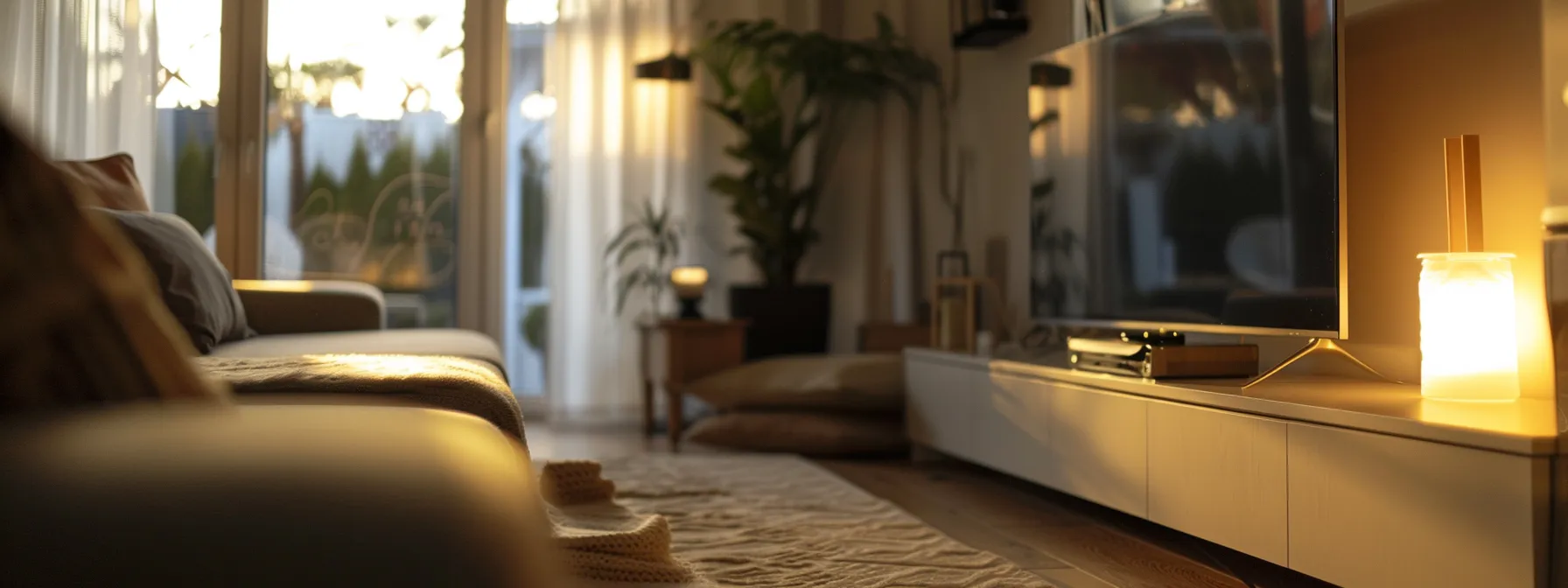 a clean, modern living room with a visibly dusty air vent in the background, and a concerned homeowner inspecting the vent, illuminated by soft indoor lighting that highlights the accumulation of dust and the unpleasant odor warning sign nearby.
