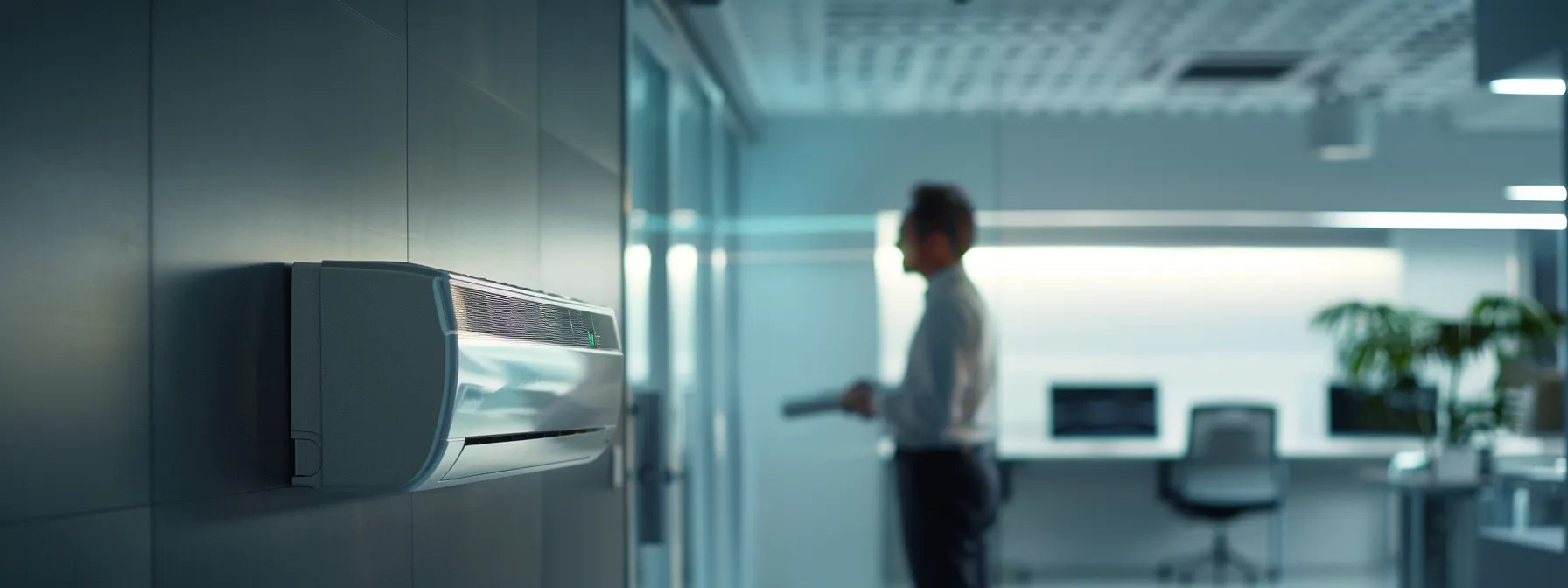 a close-up of a technician inspecting a modern air conditioning unit in a sleek, minimalistic office environment, emphasizing the tools and diagnostic equipment used for seasonal maintenance and efficiency optimization.