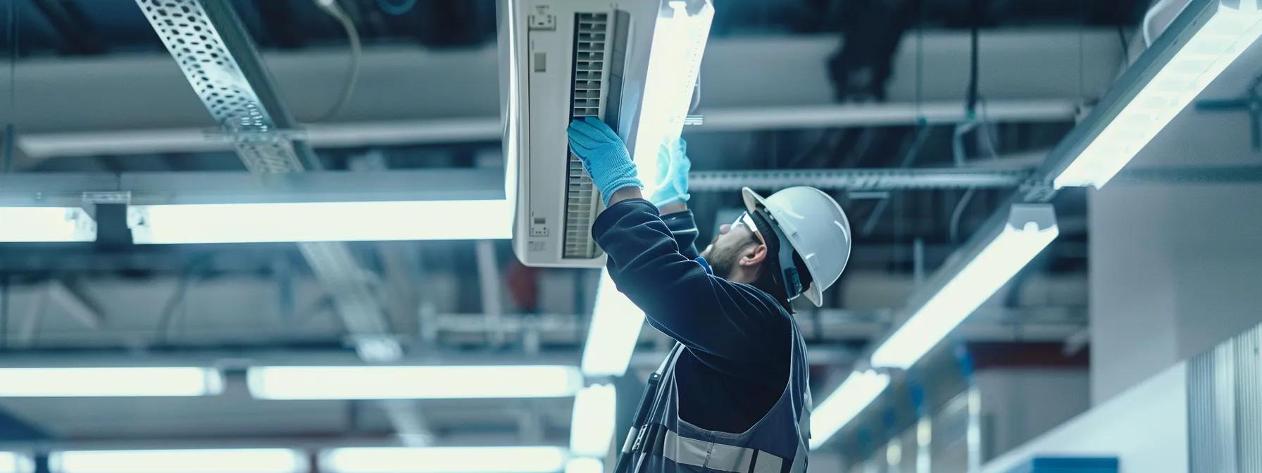 a close-up view of a technician meticulously cleaning air conditioning coils in a modern office setting, highlighting the intricate details of the coils against a backdrop of sophisticated hvac equipment.
