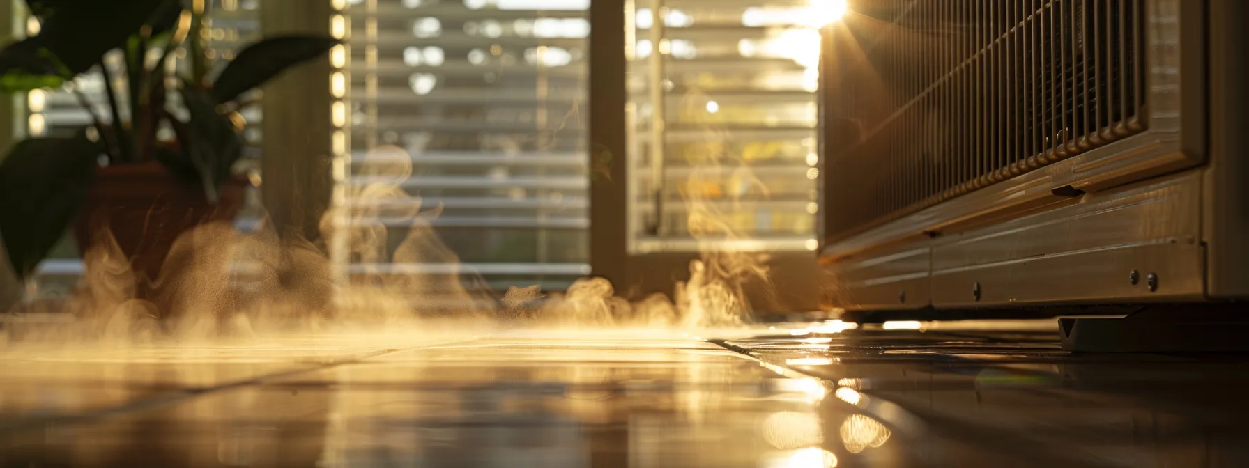 a close-up view of an air conditioning unit in a dimly lit savannah home, highlighting visible condensation and steam swirling around its base, with a backdrop of a sunscreened window, conveying the intense humidity and overheating challenges faced by hvac systems in such environments.