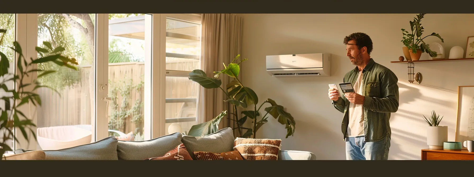 a concerned homeowner stands in a modern living room, inspecting an advanced air conditioning unit while checking a digital thermostat display, amidst hints of seasonal change indicated by subtle decorations and a noticeable energy bill on a stylish coffee table.