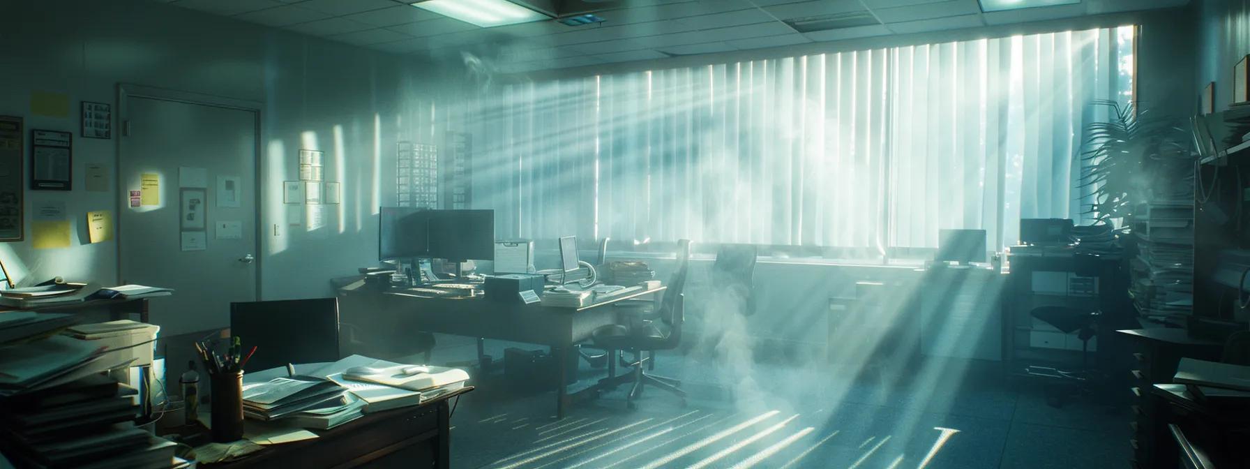 a dimly lit, cluttered office space showcases a malfunctioning hvac system with visible dust and grime, emanating a faint haze that hints at microbial growth, highlighting the urgent need for professional maintenance to eliminate musty odors.