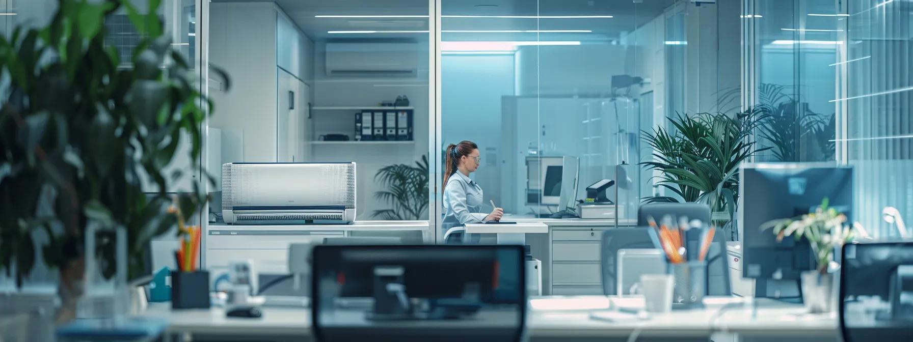 a dynamic image of a modern, sterile office environment featuring an on time air technician efficiently diagnosing an ac unit, with digital tools and diagnostic equipment displayed, emphasizing prompt and transparent service in emergency repairs.
