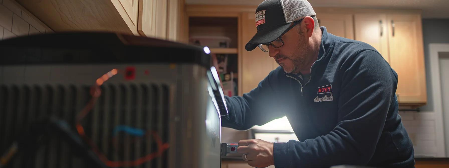 a focused indoor scene featuring a skilled technician expertly diagnosing an air conditioning unit in a well-organized, modern home, illuminated by bright overhead lights that emphasize the urgency and professionalism of rapid hvac repair services.
