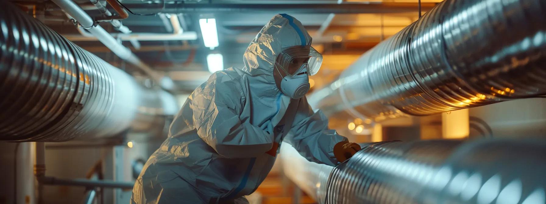 a focused indoor scene showcases a person in full personal protective equipment, including a fitted dust mask and gloves, diligently cleaning air ducts within a well-lit, modern utility room, emphasizing the importance of safety in the cleaning process.