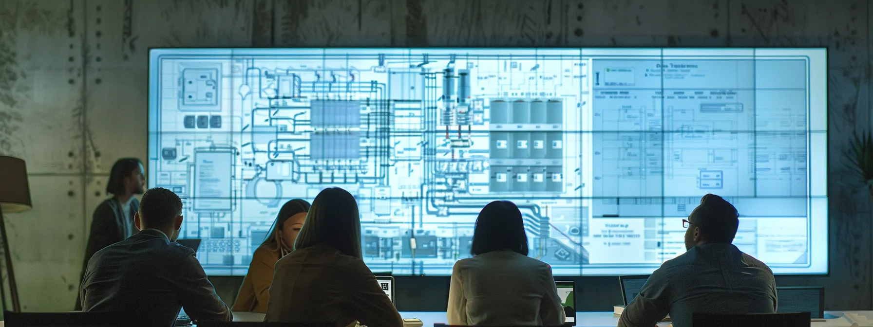a focused interior shot of a modern office space featuring a diverse group of professionals analyzing detailed furnace installation regulations on a large screen, with architectural blueprints and building codes prominently displayed, conveying the importance of compliance and safety in hvac systems.