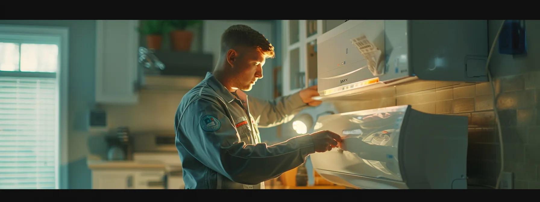 a focused technician, clad in a branded uniform, swiftly inspects a modern air conditioning unit inside a clean, well-lit living room, emphasizing the urgency and professionalism of rapid repair services in a residential setting.