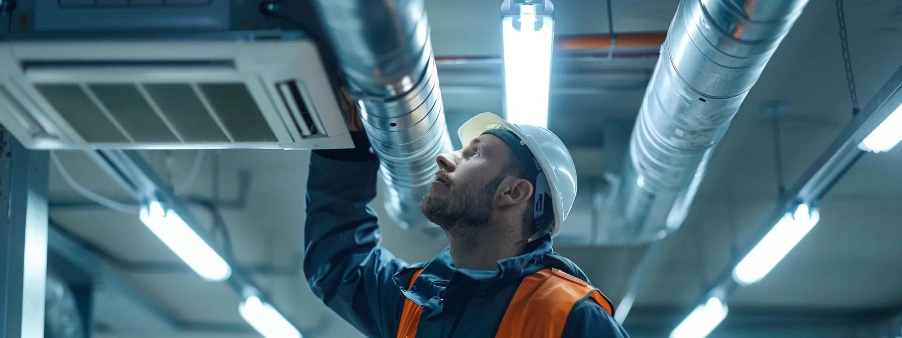 a modern, well-organized hvac maintenance workspace showcases a technician inspecting and cleaning air ducts, illuminated by bright fluorescent lighting, emphasizing the importance of routine maintenance for duct health.