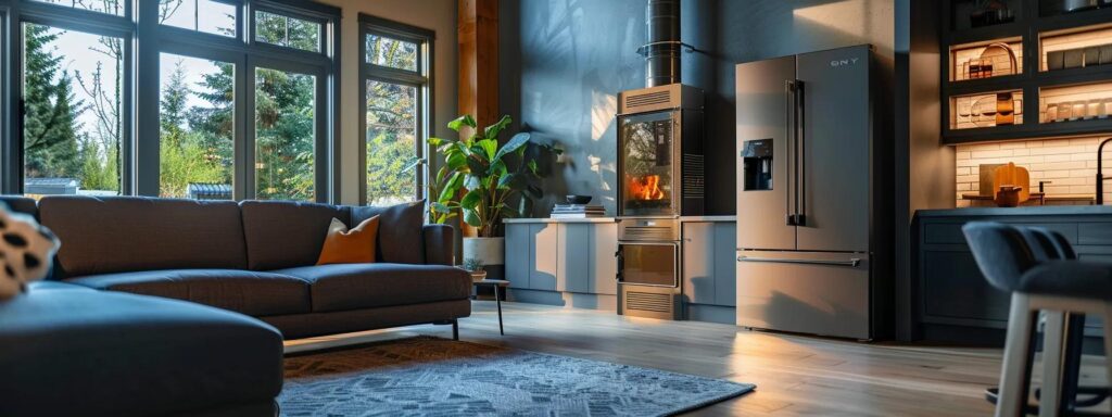 a high-efficiency furnace radiates warmth in a modern, well-lit home, showcasing its sleek design contrasted against an old, rusty traditional model in shadow.