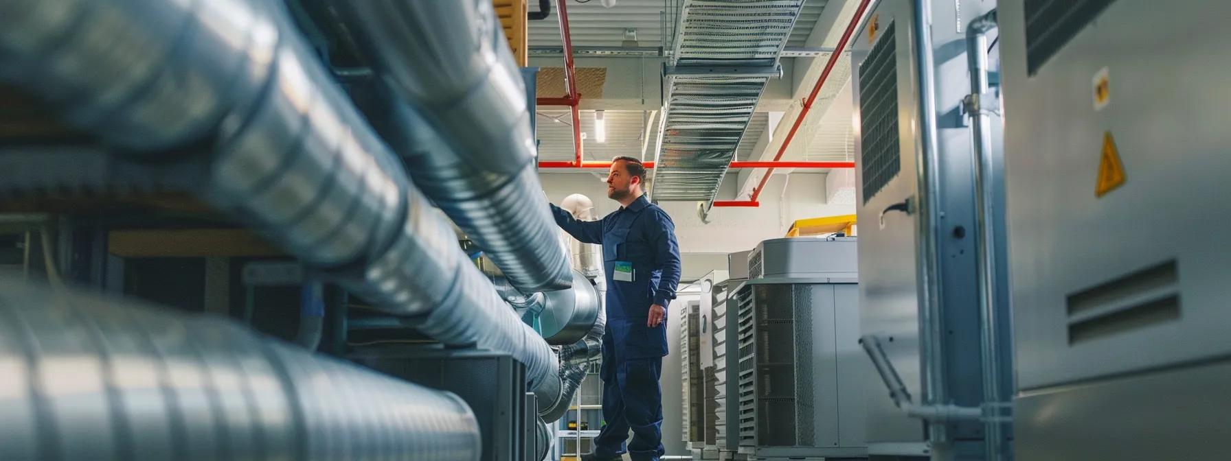 a meticulously organized hvac maintenance technician inspects ductwork in a bright, modern office environment, showcasing vibrant tools and equipment designed for efficient mold control.