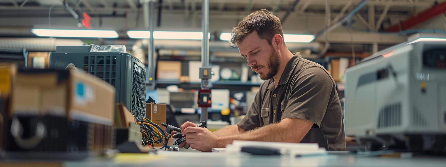 a modern, bustling office space showcases a technician efficiently diagnosing an air conditioning unit, surrounded by tools and equipment, capturing the urgency and professionalism of swift ac's rapid repair process in savannah.