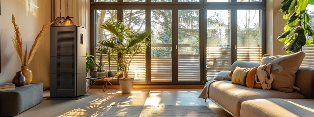 a modern, energy-efficient furnace gleaming in a well-lit, stylish home interior, showcasing its sleek design and prominent energy rating label against a backdrop of warm, inviting decor.