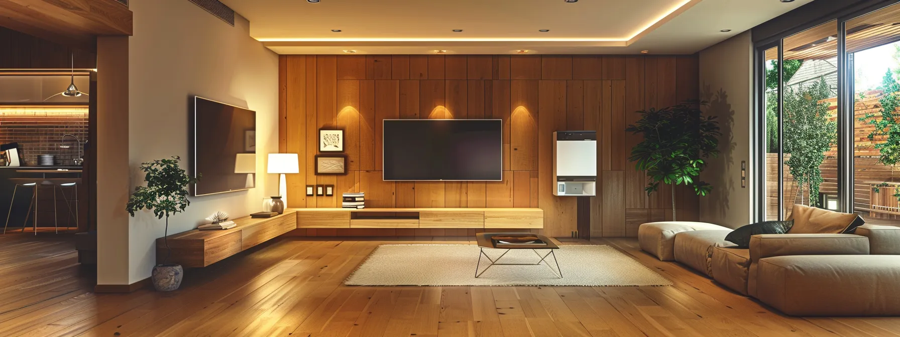 a modern home interior showcases a sleek and efficient furnace system prominently, with elegant design elements and informative display screens highlighting various heating options, set against a backdrop of a warm, inviting living space.