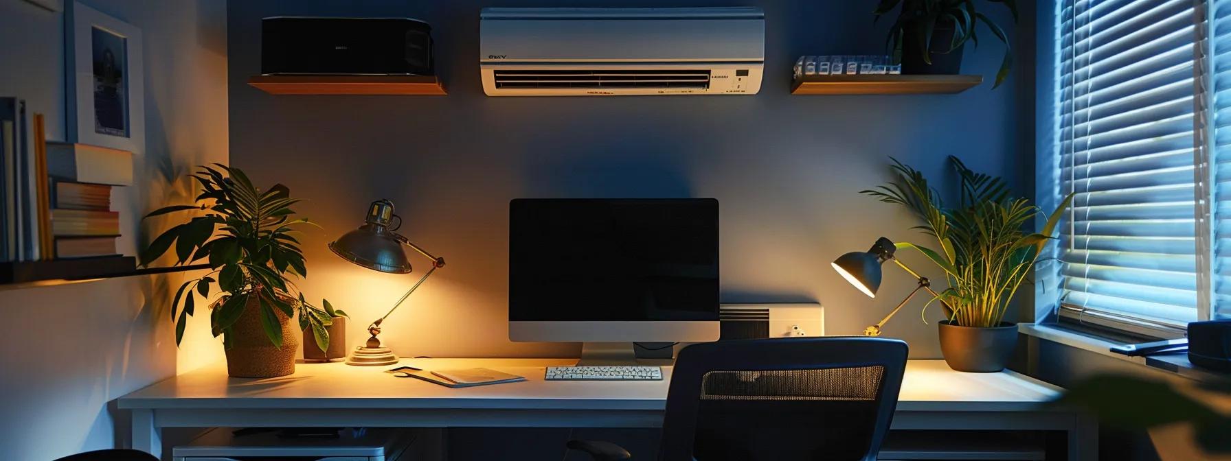 a modern home office features a well-maintained air conditioning unit prominently displayed on the wall, with focused lighting illuminating a clean, freshly replaced air filter resting on a sleek desk, highlighting the importance of filter care for optimal hvac performance.