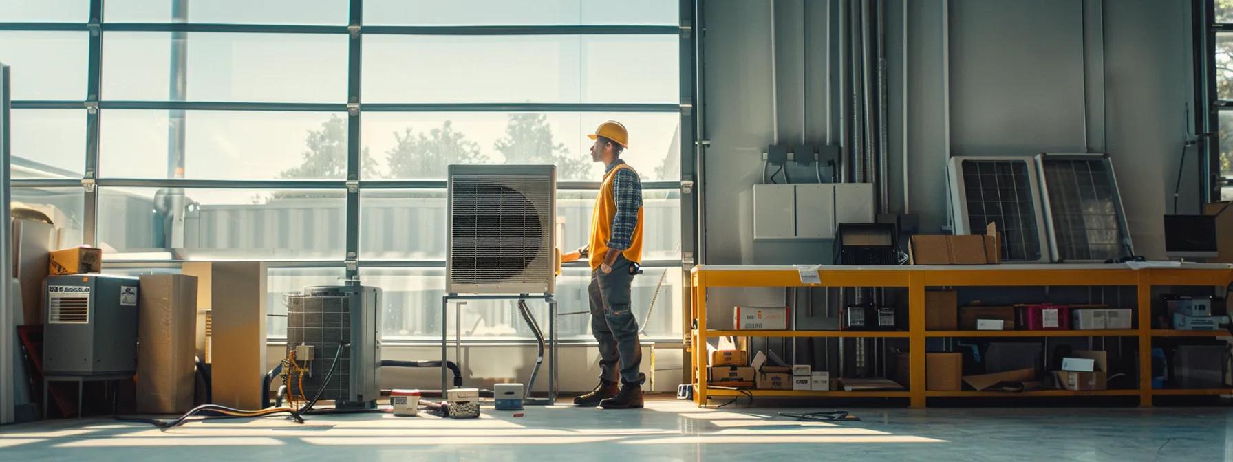 a modern office environment features an hvac technician inspecting a sleek, energy-efficient air conditioning unit, surrounded by tools and soundproofing materials, highlighting the importance of addressing noise issues and ensuring optimal performance.