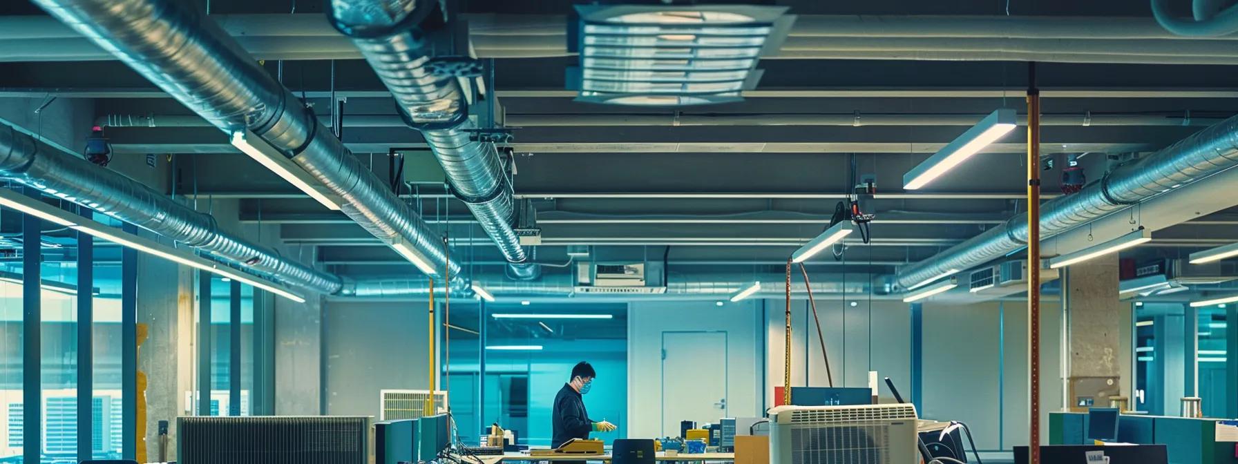 a modern office environment showcasing a technician meticulously inspecting and servicing an air conditioning unit, surrounded by tools and maintenance equipment, under bright artificial lighting to emphasize the focus on efficiency and preparation for warmer weather.