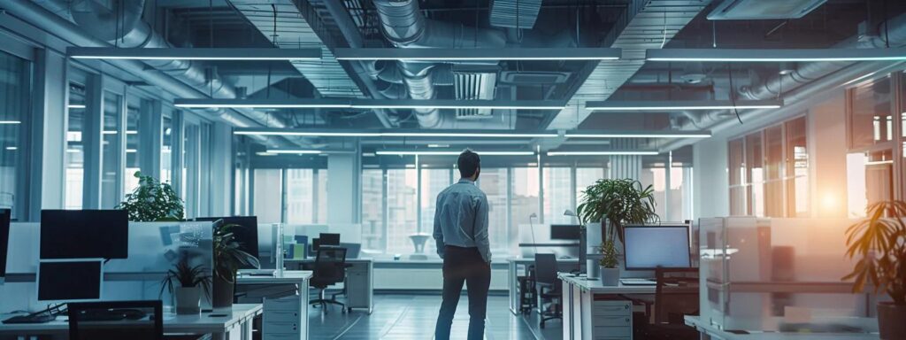 a modern office environment showcases a professional technician inspecting a high-efficiency air duct system, illuminated by bright overhead lights, emphasizing the importance of cleanliness and air purity in indoor spaces.