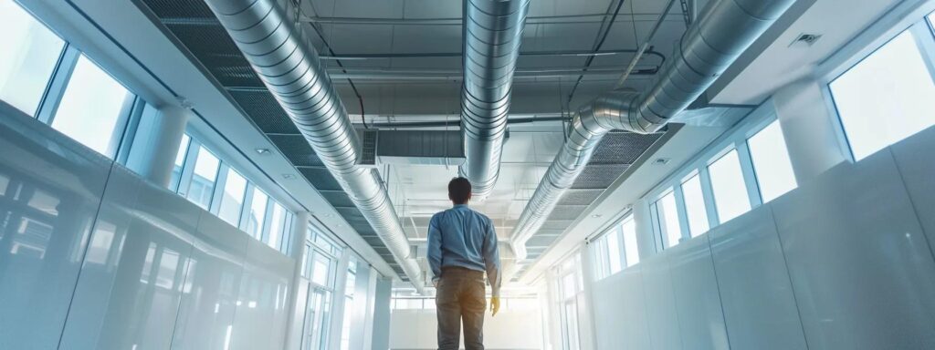a modern office interior showcases a sleek air duct system, highlighted by a technician inspecting it with advanced tools, conveying the importance of maintaining indoor air quality through meticulous duct care.