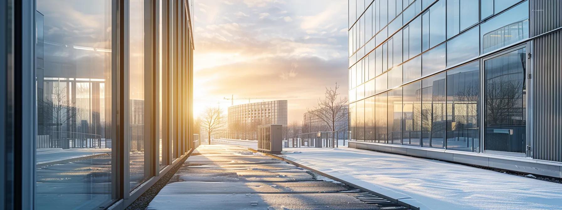 a modern office space features a neatly covered outdoor air conditioning unit shielded against frost, with a backdrop of sleek buildings and a hint of a winter landscape, emphasizing the importance of protective measures during colder weather.