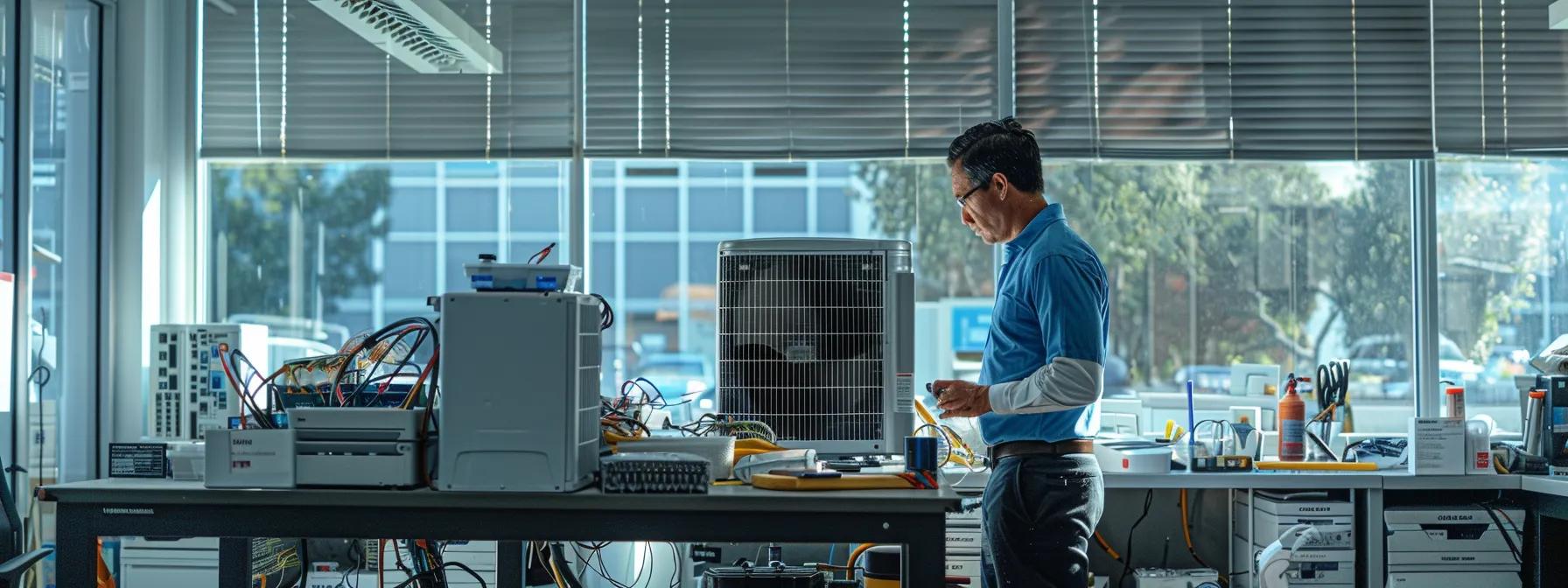 a modern office space features a technician meticulously inspecting a sleek air conditioning unit, surrounded by tools and digital equipment, highlighting the importance of consistent seasonal maintenance for optimal efficiency and comfort.