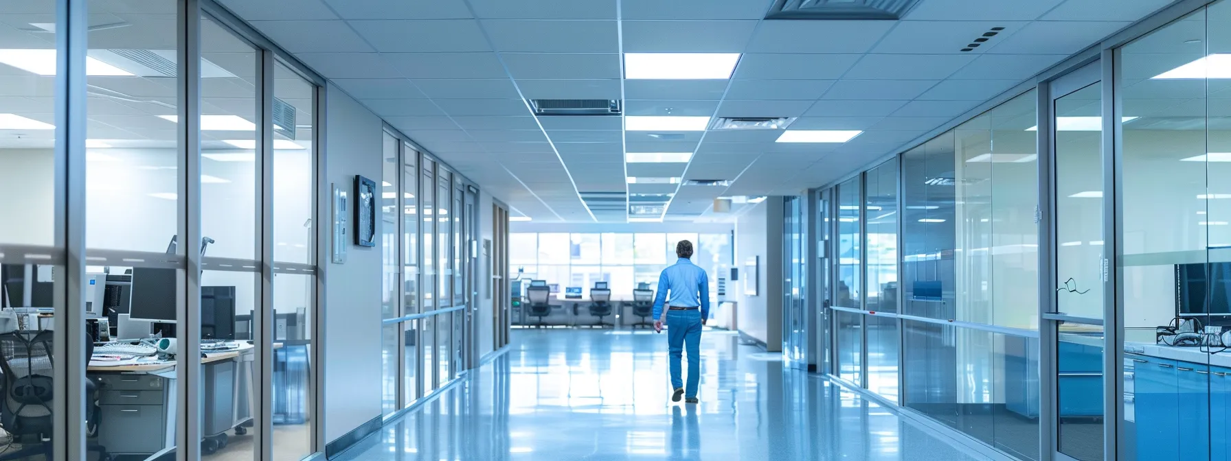 a modern office space showcases a technician inspecting hvac ductwork, surrounded by high-tech air quality monitors and neatly arranged filter replacements, highlighting the importance of routine maintenance for optimal indoor air quality.