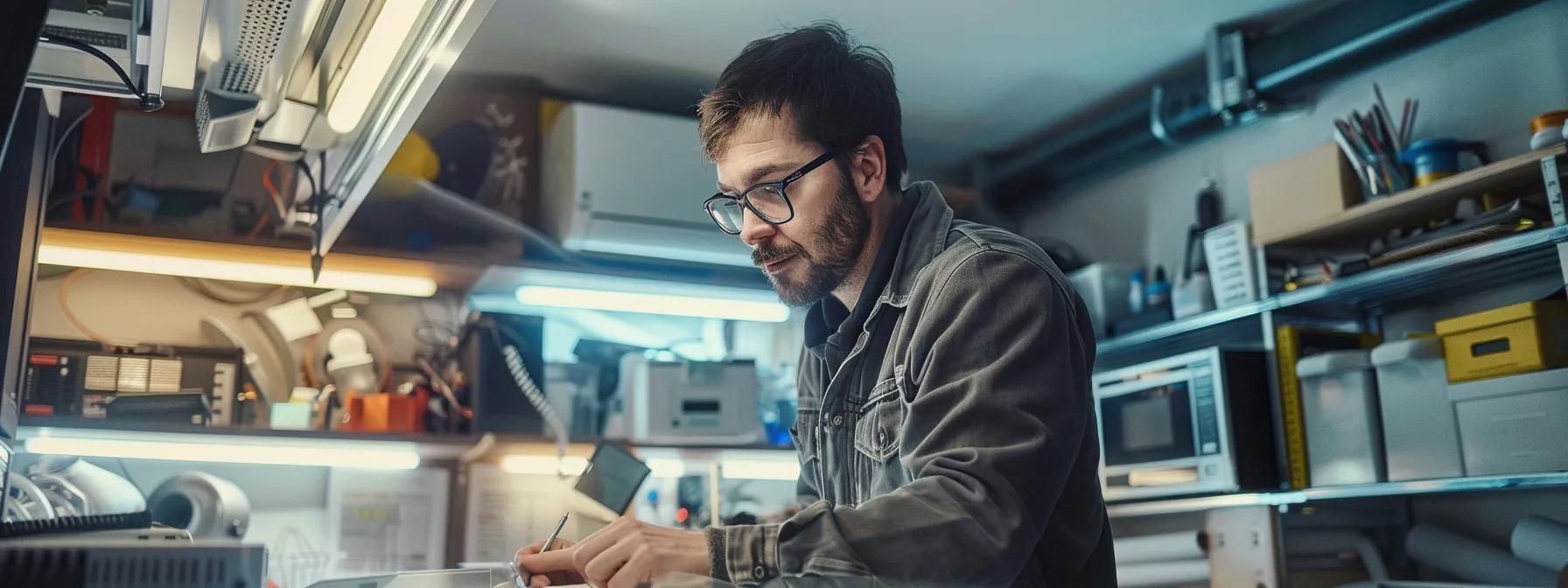 a modern savannah hvac technician examines a high-tech air duct system inside a meticulously organized home office, surrounded by advanced cleaning equipment, highlighting the importance of personalized air quality maintenance.