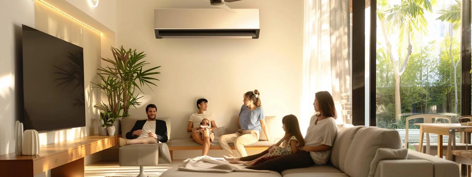 a modern savannah living room with a sleek hvac system in the background, showcasing clean air ducts and a family enjoying a comfortably cool atmosphere, emphasizing the importance of regular duct maintenance for healthier indoor air quality.