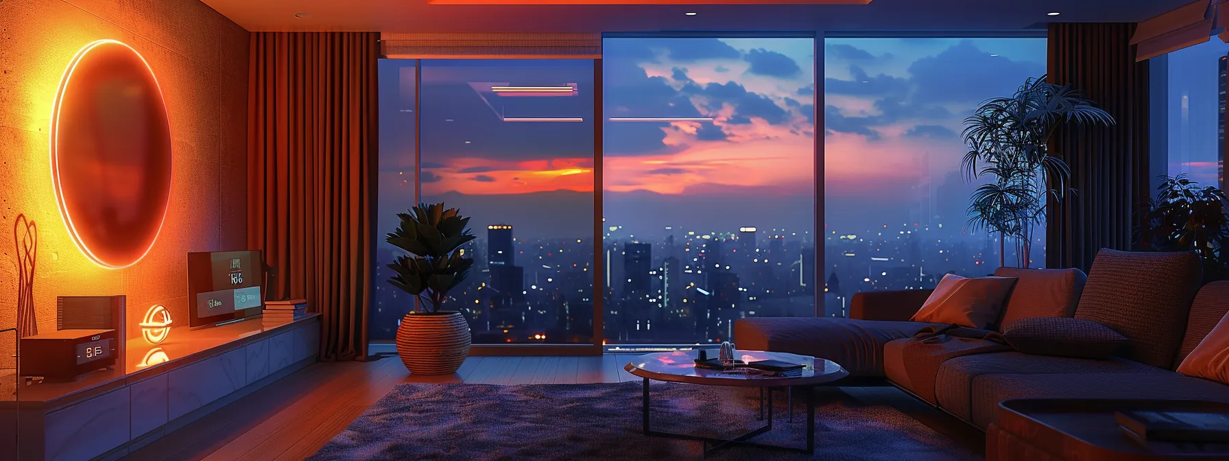 a modern, sleek living room with an energy-efficient air conditioning unit prominently displayed, accompanied by visual indicators of energy consumption, such as a digital display showing seer ratings and maintenance checklists, all under warm, ambient lighting that emphasizes a comfortable indoor environment.