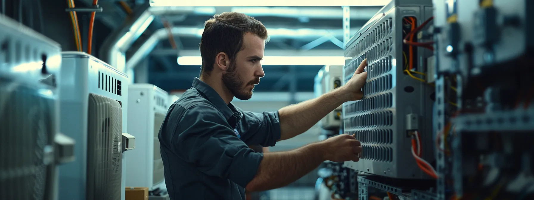 a modern, well-lit hvac maintenance workshop showcases a technician inspecting a sleek air conditioning unit amidst organized tools, emphasizing the importance of regular upkeep for enhanced efficiency and indoor comfort.