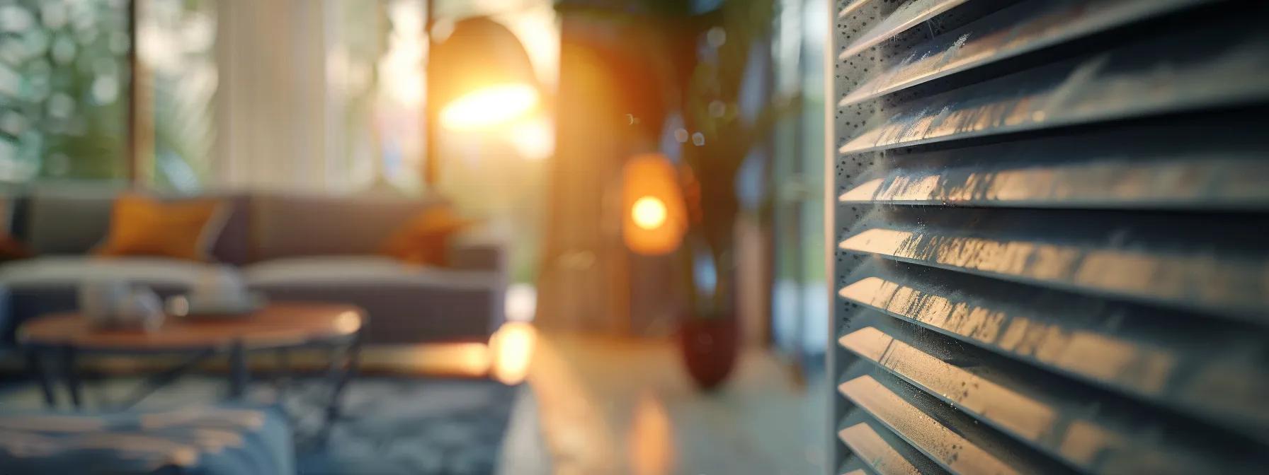 a modern, well-lit home interior showcases a close-up of an air duct with visible dust accumulation and a subtle musty haze, emphasizing the need for cleaning amid a sleek living space backdrop.