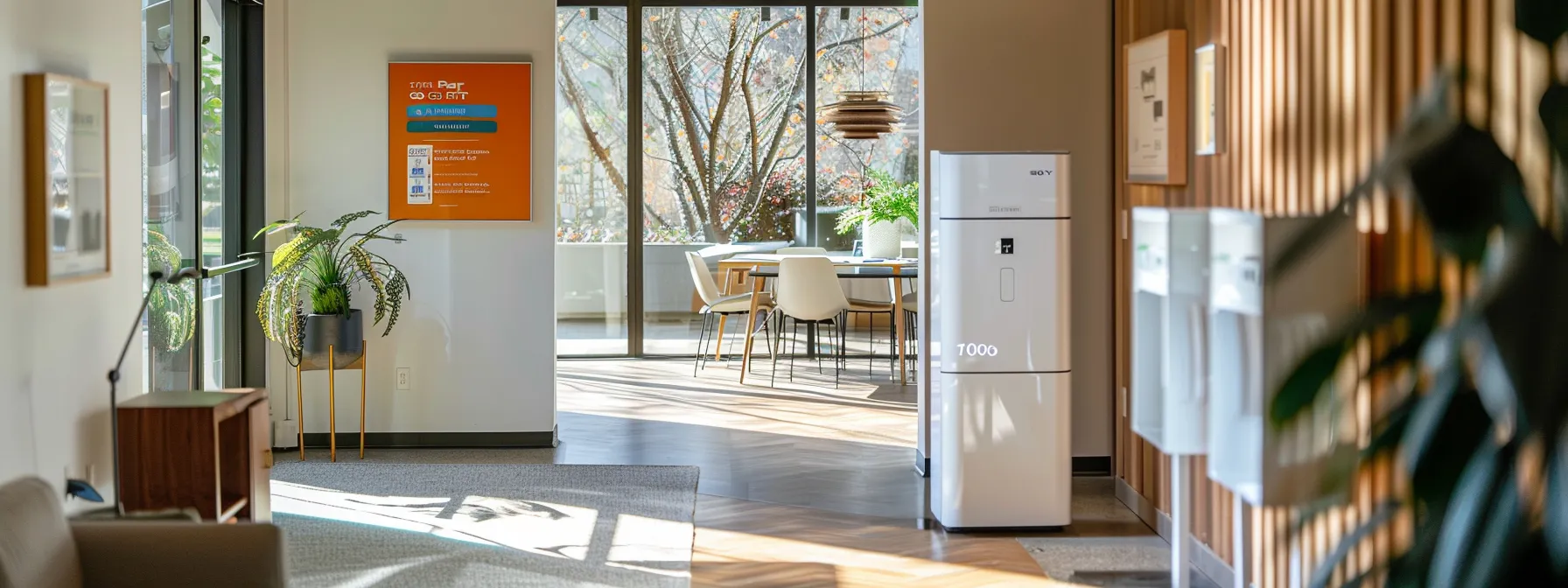 a modern, well-lit office space features a sleek, energy-efficient furnace displayed prominently alongside infographics on energy savings and installation costs, conveying the importance of smart choices for home heating in savannah.