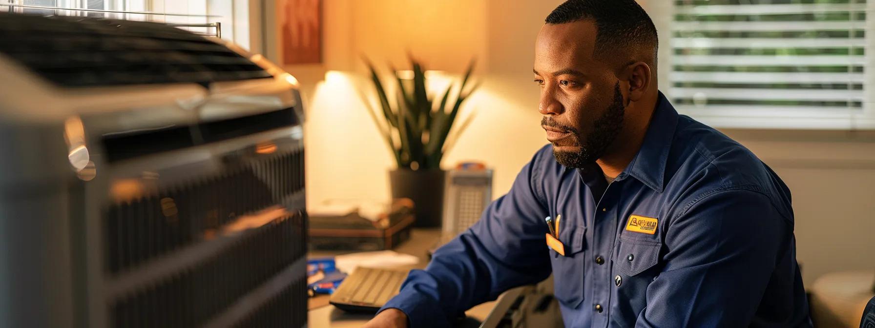 a modern, well-lit hvac repair office showcases a focused technician expertly diagnosing an air conditioning unit, emphasizing the swift and efficient service that enhances system longevity and energy efficiency for homeowners in savannah.