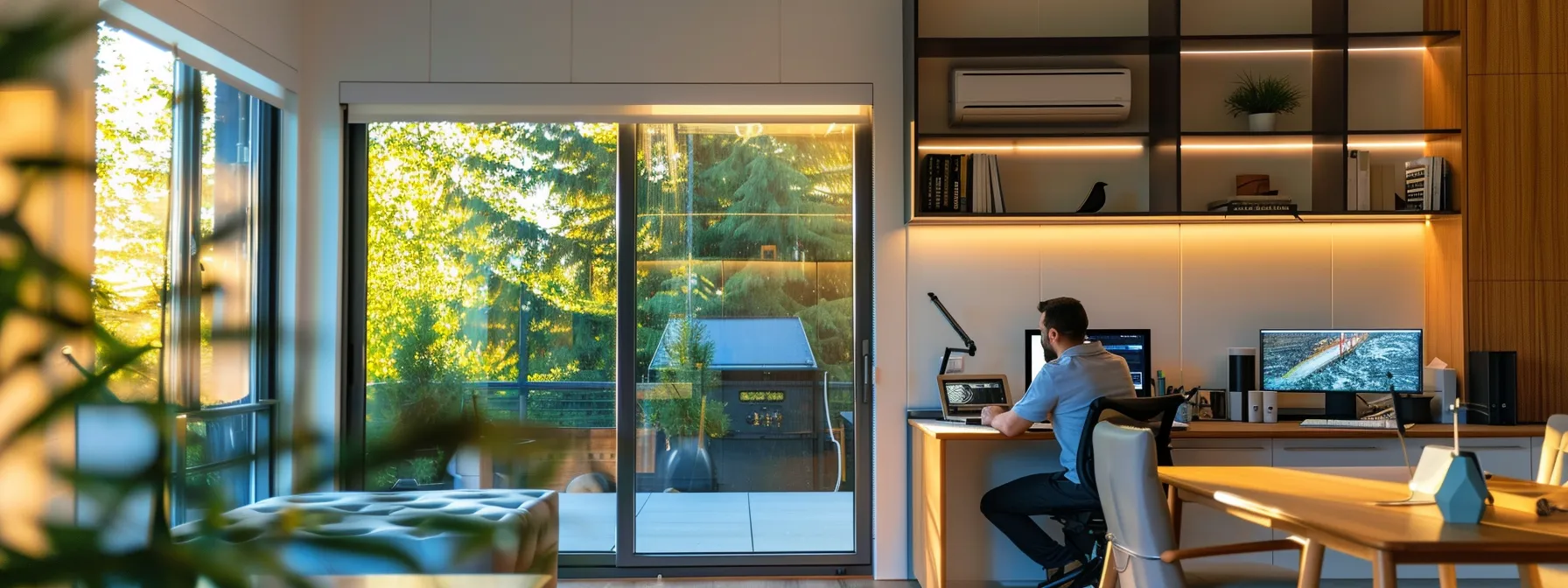 a modern, well-lit home office showcases a sleek hvac system prominently in the foreground, with a technician in the background performing meticulous duct maintenance, emphasizing the importance of regular upkeep for enhanced indoor air quality and system longevity.