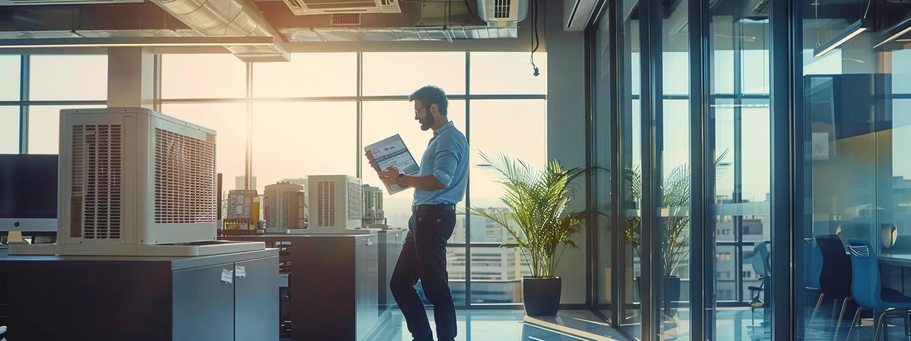 a polished, modern office space features a skilled technician expertly inspecting an hvac unit, with efficiency charts and maintenance tools prominently displayed in the background, emphasizing peak performance and summer readiness.