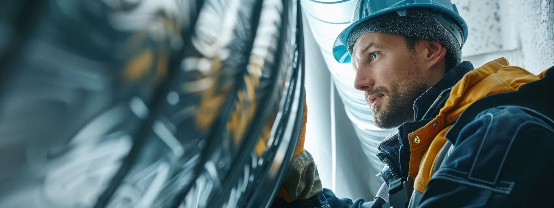 a professional duct cleaning technician, clad in a uniform and safety gear, inspects an hvac system in a modern, well-organized office setting, emphasizing the importance of licensing and insurance for quality service and air quality assurance.