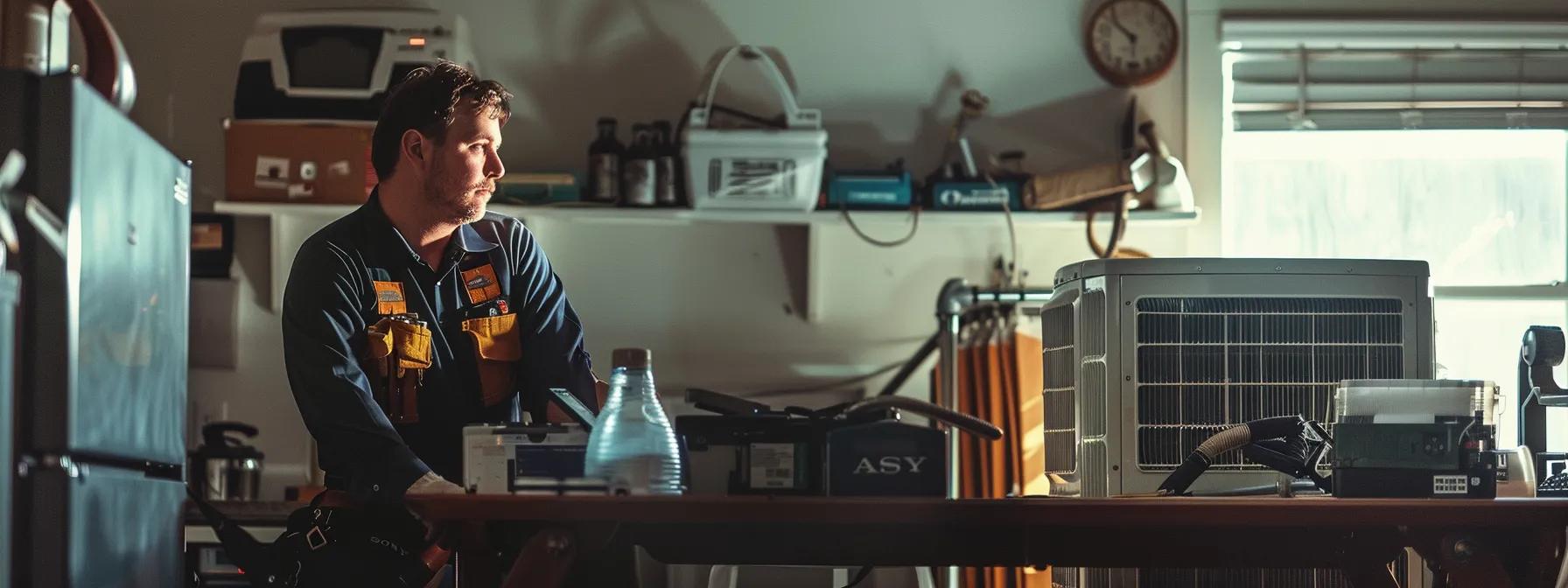 a professional hvac technician inspects a modern air conditioning unit in a well-lit savannah home, showcasing essential tools and equipment laid out on a clean, organized workspace.