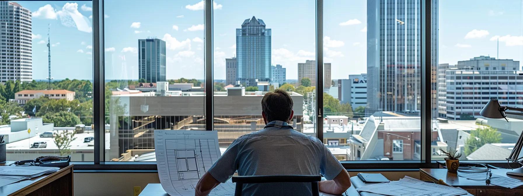 a professional hvac technician reviews detailed blueprints and permit documents at a modern office desk, surrounded by technical equipment and a large window showcasing the urban skyline of savannah, emphasizing the importance of adhering to essential permitting processes for hvac work.