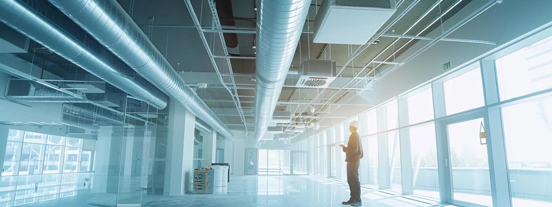 a focused view of a professional technician in a sleek, modern office examining a high-tech hvac system while carefully inspecting air ducts, showcasing the importance of regular maintenance for clean air and optimal performance.
