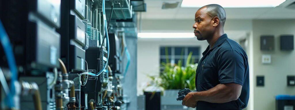 a professional technician inspects a sleek hvac system in a well-lit, modern savannah office, surrounded by maintenance tools and equipment, highlighting the importance of thorough pre-season checkups.