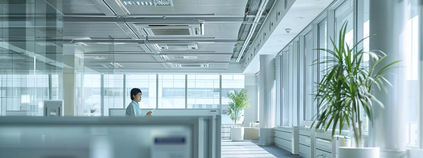 a professional technician inspects a modern hvac system in a sleek, well-lit office space, replacing a dirty air filter as part of a meticulous duct cleaning preparation.