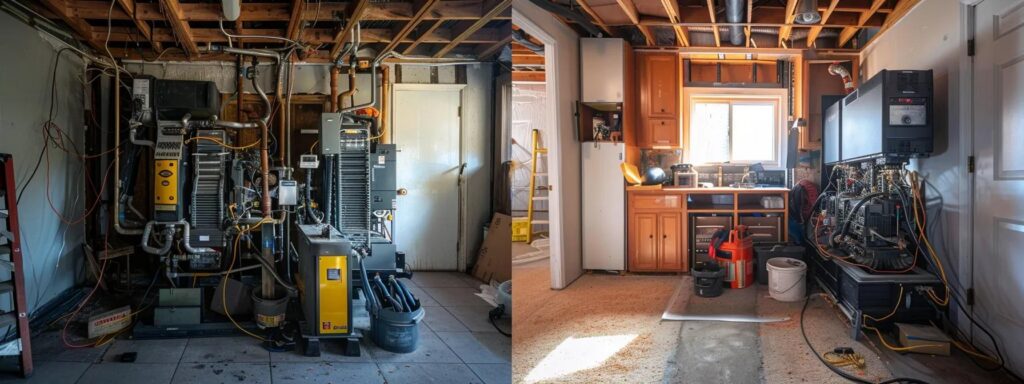 a side-by-side comparison of a sleek, modern furnace installation by a professional, showcasing advanced tools and precise setup on one side, contrasted with a cluttered, chaotic diy installation attempt filled with mismatched parts and confusion on the other, all illuminated in soft, natural light to highlight the differences in quality and expertise.