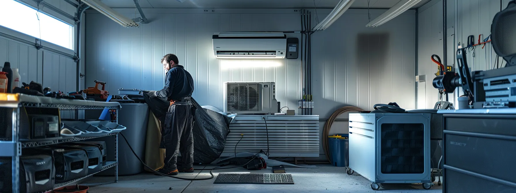 a sleek indoor space showcases a technician expertly covering an air conditioning unit with a protective tarp, while neatly organized tools and ductwork materials lie in the foreground, emphasizing the importance of seasonal maintenance and energy efficiency preparation.