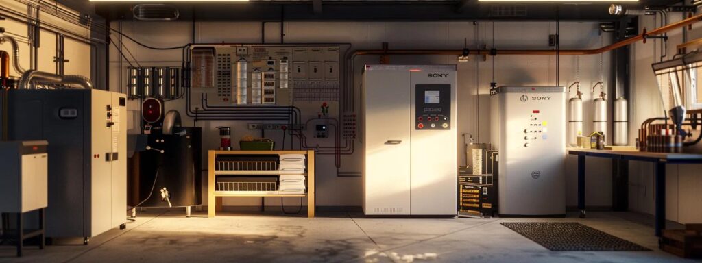 a sleek, modern furnace gleams under bright energy-efficient lighting, set against a backdrop of a tidy workshop displaying clear energy efficiency ratings on a large, informative chart.