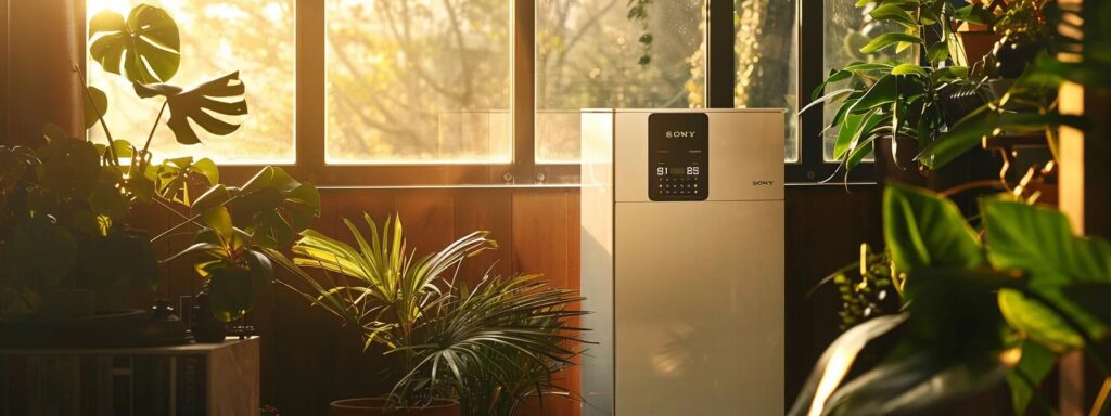 a sleek, modern furnace installed in a sunlit room, showcasing its energy efficiency rating prominently displayed on a stylish control panel, with vibrant green plants in the background symbolizing sustainability.