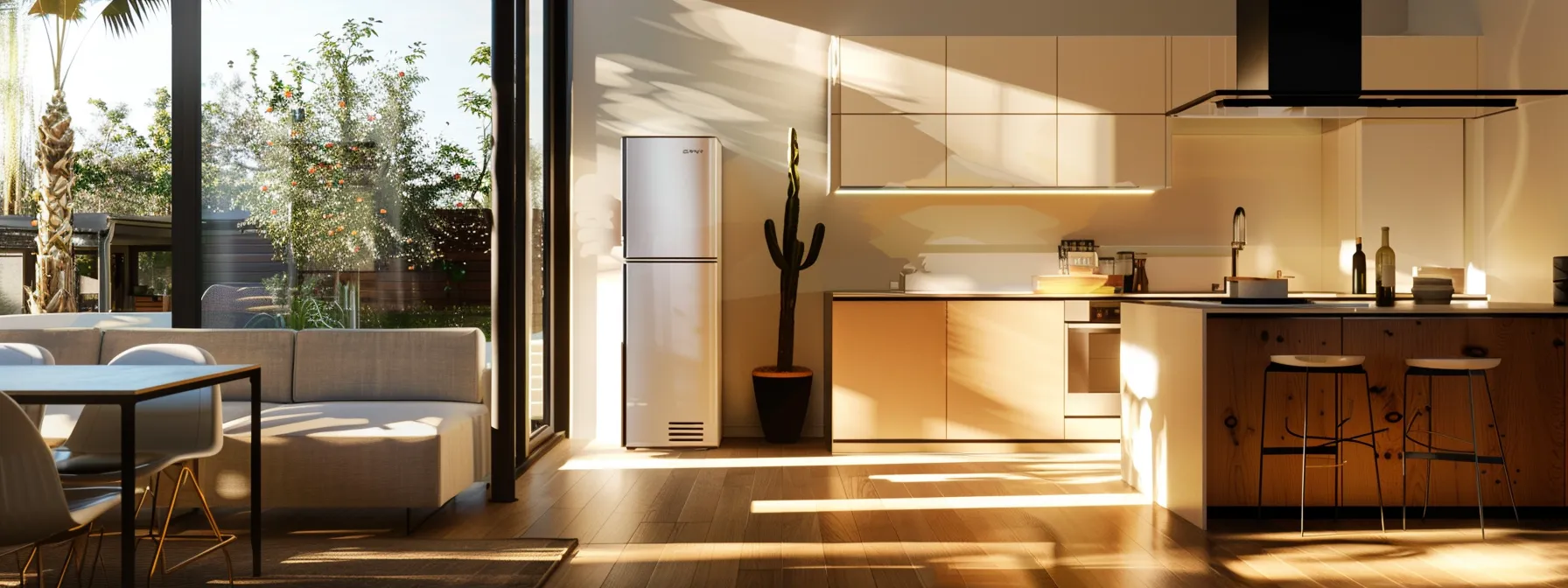 a sleek, modern home interior showcases a polished gas and electric furnace side-by-side against a backdrop of cozy, minimalist decor, emphasizing their distinct functionalities in a stylish urban living space.