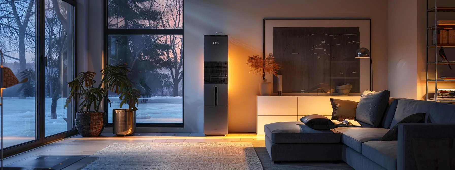 a sleek, modern home interior showcases a stylish gas furnace prominently installed against a backdrop of contemporary decor, with warm light illuminating the space, emphasizing the furnace's role in providing efficient heating during the cold winter months.