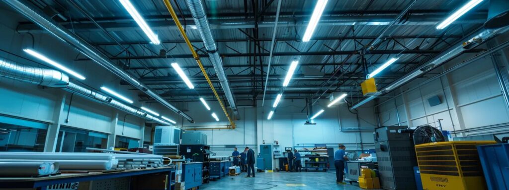 a sleek, modern hvac maintenance workshop in savannah, featuring technicians attentively inspecting sophisticated air conditioning units amidst a backdrop of climate control equipment, illuminated by bright, focused overhead lighting.